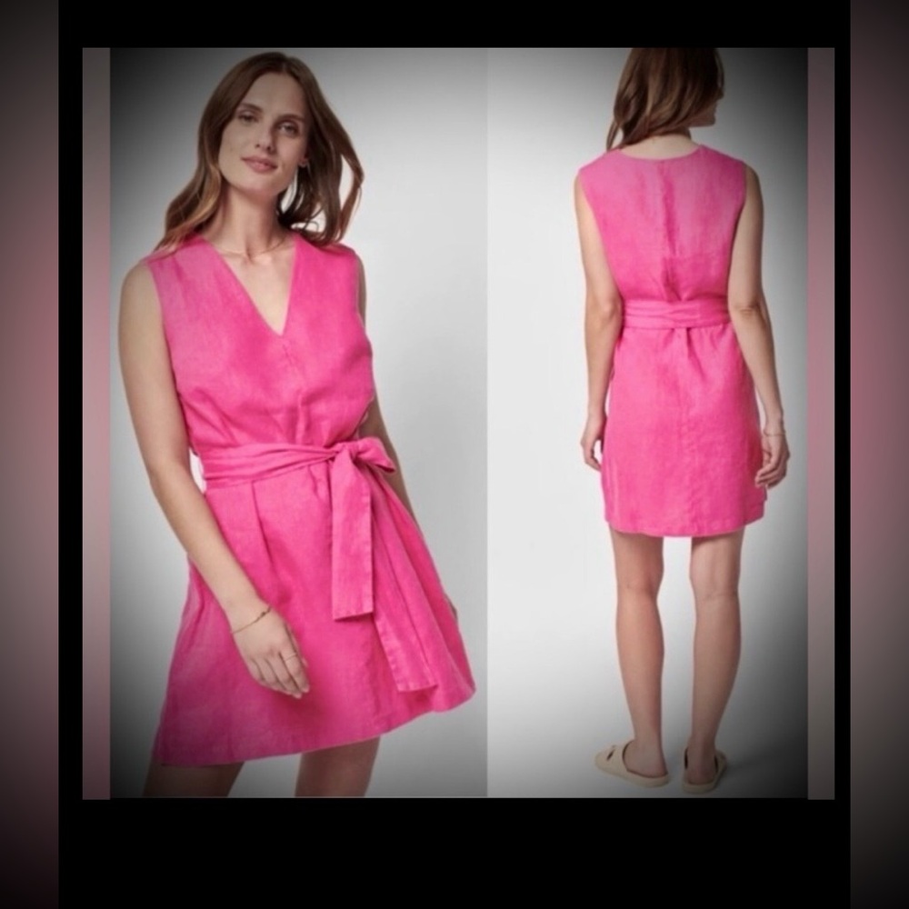 Faherty Mary French Rose Mini Dress Low Cut Linen w/belt in Pink Size M NWT